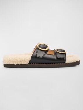 Odissi Yuki Black Leather Shearling Buckle Slide Sandals Size 38 New